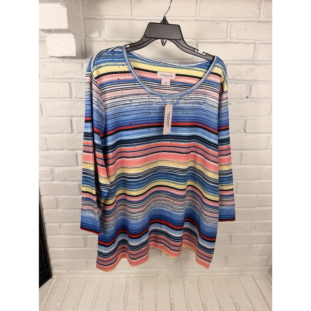 Allison Daley Woman Top 2X Multicolor Striped Rhinestone 3/4 Sleeve NWT